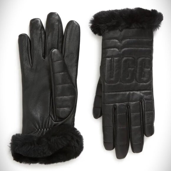 UGG Logo Quilted Leather & Genuine Shearling Gloves Size M - Picture 1 of 8
